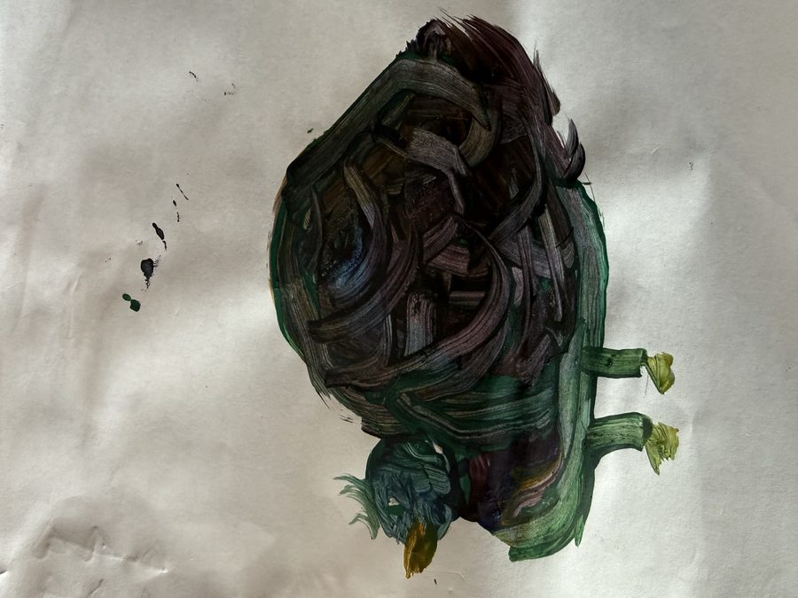 A dark green and purple bird painted with braided brush strokes