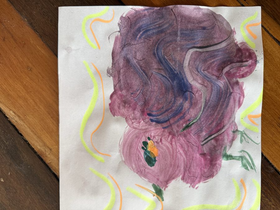 A pink and violet bird painted in swirls, with yellow and orange waves around it