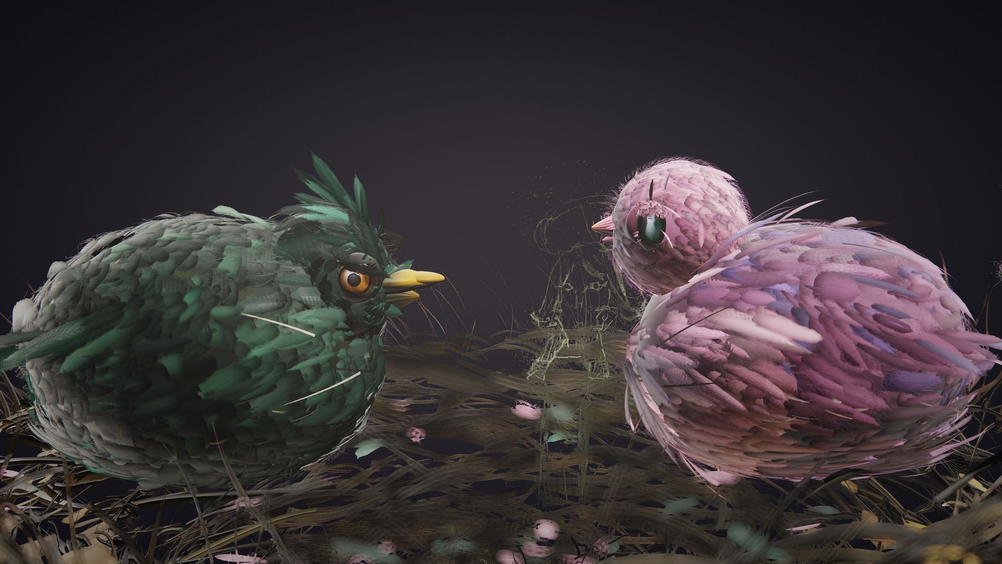 Two painted birds, one green and one pink, facing each other in a nest